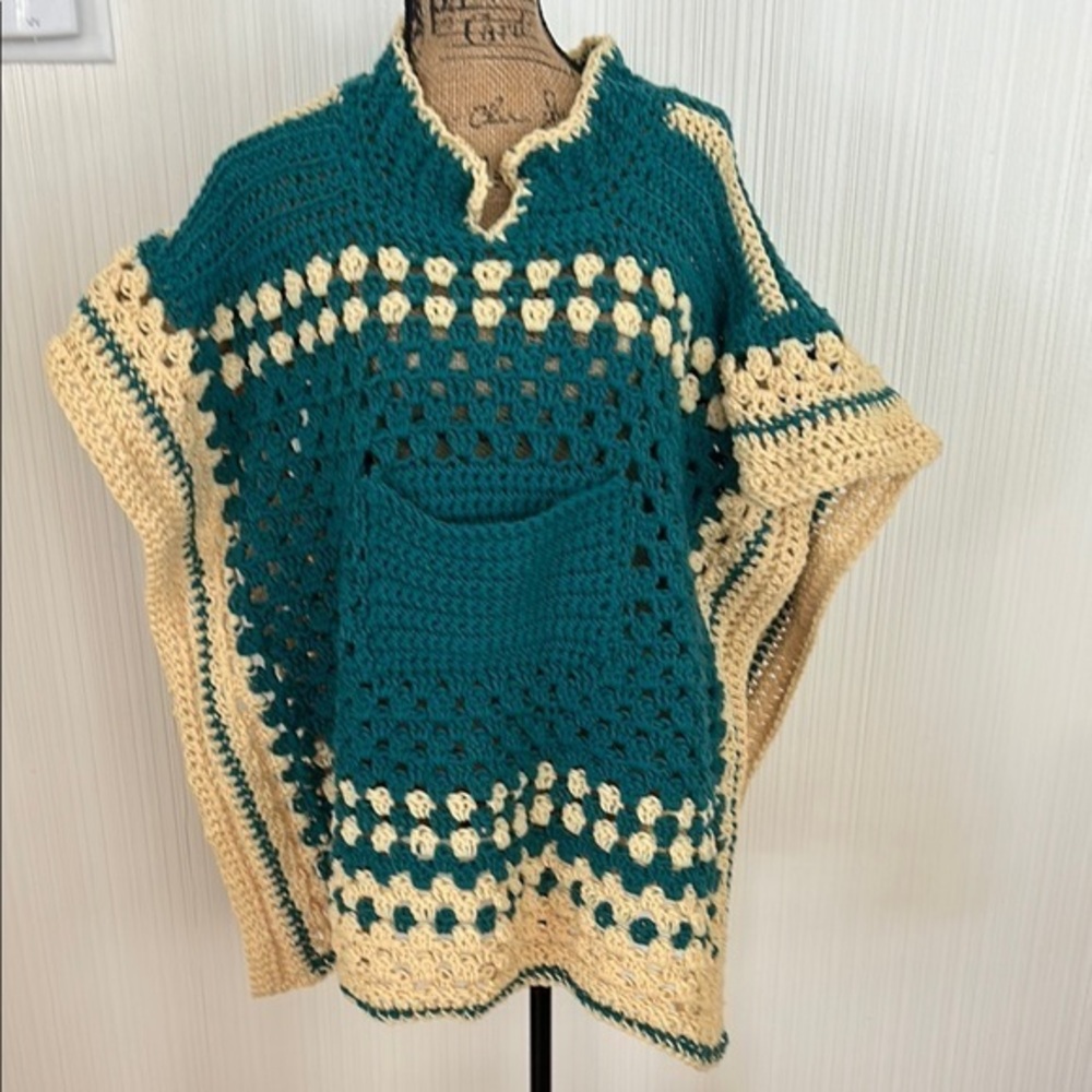 Handmade Teal and Pale Yellow Crochet Sweater/Poncho